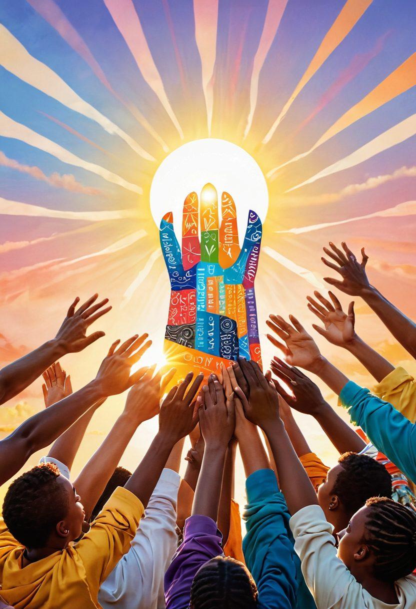 A diverse group of people building a strong tower of intertwined hands symbolizing unity and support, surrounded by colorful banners of hope and resilience. In the background, a sun rising over a peaceful community scene reflects growth and emotional strength, with soft, inspirational text floating in the sky. super-realistic. warm colors. community-focused.