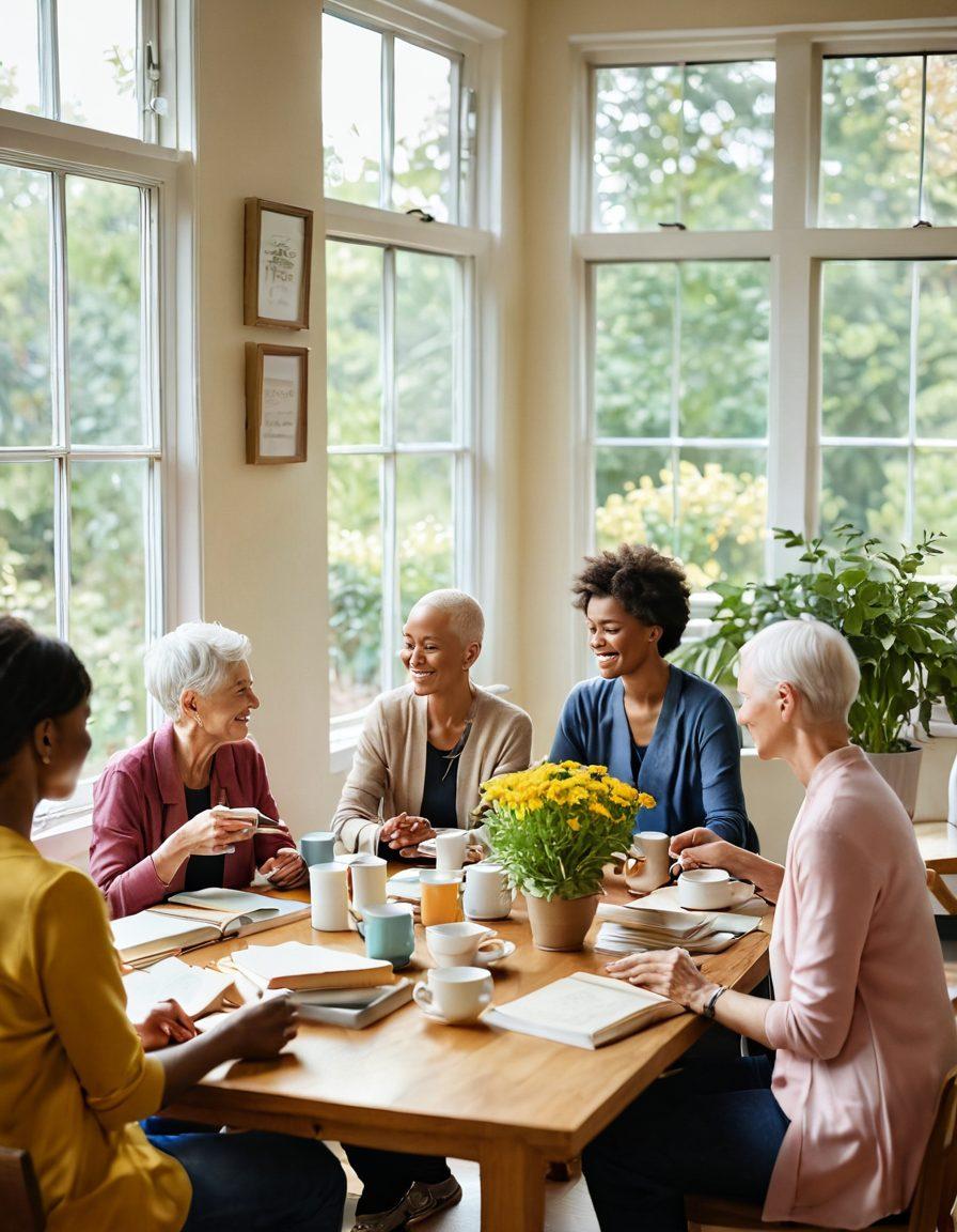 A warm, inviting scene depicting a diverse group of cancer patients in a serene support group setting, surrounded by supportive friends and family. Bright natural light filters through large windows, illuminating a table filled with wellness resources like books, herbal teas, and care packages. Faces express hope, solidarity, and empowerment, showcasing a blend of cultures and ages. Subtle symbols of strength, like ribbons or a blooming plant, are integrated into the background. vibrant colors. serene atmosphere. soft focus.