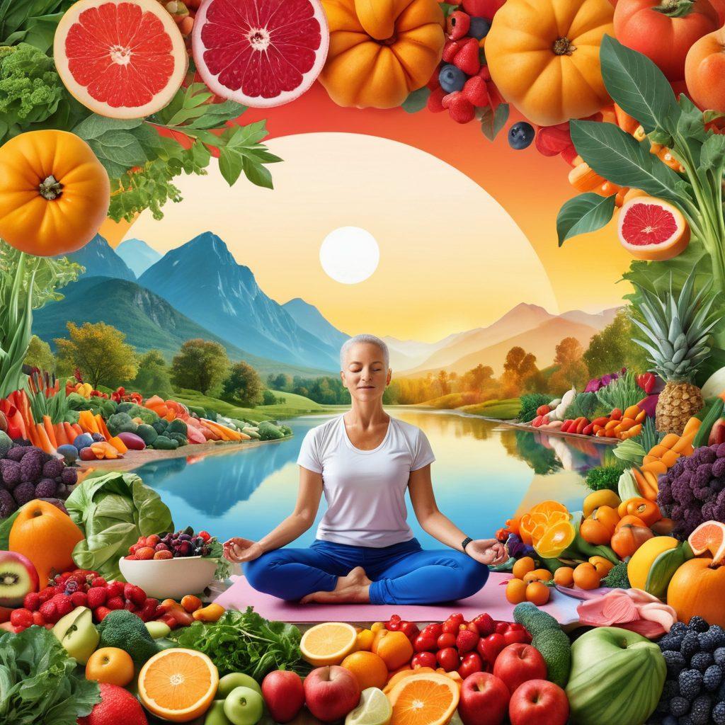 An uplifting collage depicting various integrative therapies for cancer care, including a serene landscape with a yoga practitioner, a nutritionist consulting with a patient over a colorful spread of fruits and vegetables, and a calming space for meditation with gentle lighting. Illustrate diversity in individuals and emphasize a sense of community, hope, and healing. Use vibrant colors to evoke positivity and wellness. 3D. vibrant colors.